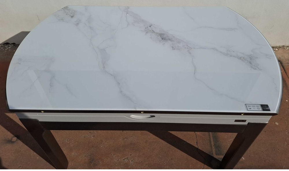 Masa MARMURA Alba cu insertii gri in valuri 150x90->150x150