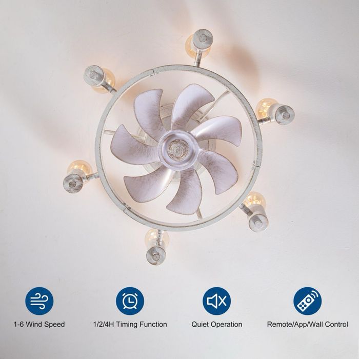 Ventilator tavan joasă înălțime 52cm cu 6 becuri E27 & telecomandă – alb