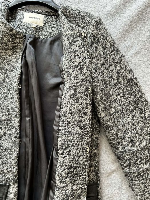 дамско палто Koton S сиво черно с кожени джобове
