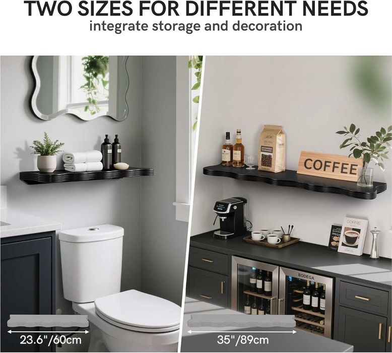 Raft perete suspendat negru 60 cm 90 cm decor ondulat raft lung pentru carti plante baie living