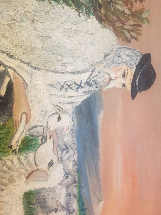 Ciobănaș cu oi și miei, acuarela pe pânză , ramă de lemn