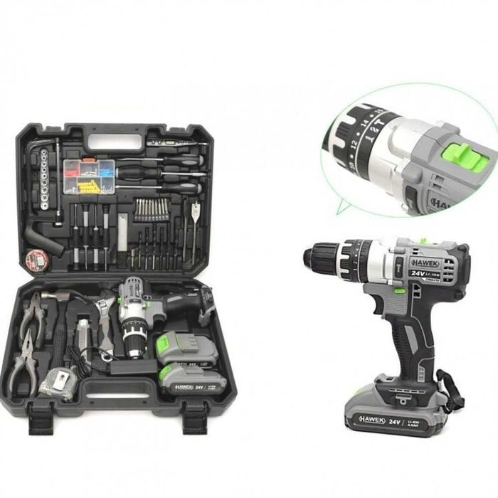Акумулаторен ударен винтоверт 24V с инструменти и 2 батерии HAWEK