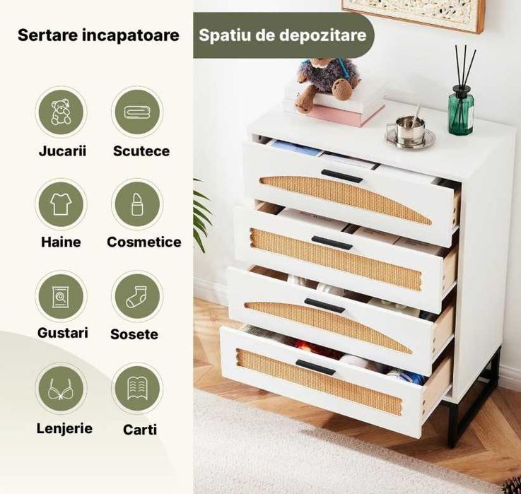 Comoda ratan 4 sertare manere si picioare metalice – dulap depozitare dormitor/living -LIVRARE GRATUITA !