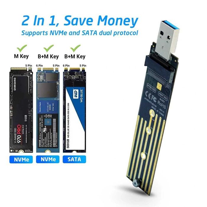 Adaptor SSD dual protocol M.2 NVMe / M.2 NGFF la USB 3.0 pt PC, laptop