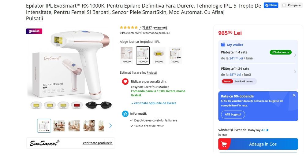 CADOUL PERFECT Epilator definitiv IPL EvoSmart RX 400000impulsuri nou la cutie