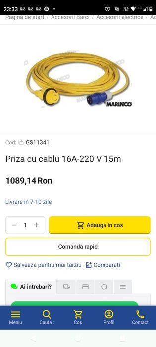 Prelungitor rulota/caravana 16A-220 V 15m(Marinco)