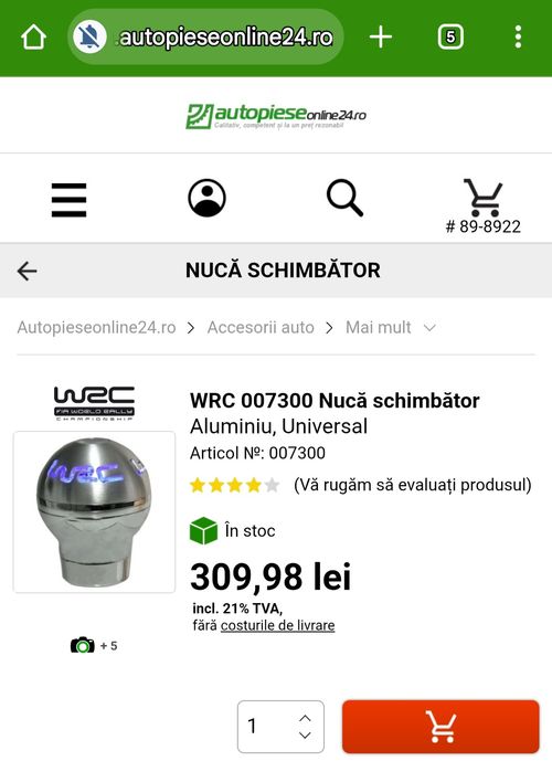 nucă de schimbător de viteze universală WRC din aluminiu. 
Mat