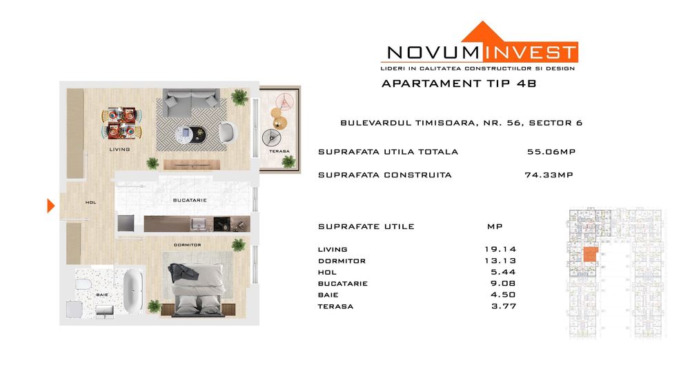 Apartament 2 camere Novum 56 – Cesiune | Preț avantajos