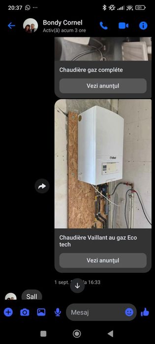 Vând centrala pe gaz , fabricației 2018,,in stare bunaa de funcționare. Preț 600 euro. Telefon 0769841861 sau  0727540785(după ora 17.00,pt  detalii.)