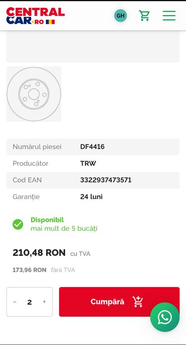 Discuri frână Toyota set față TRW DF4416, noi