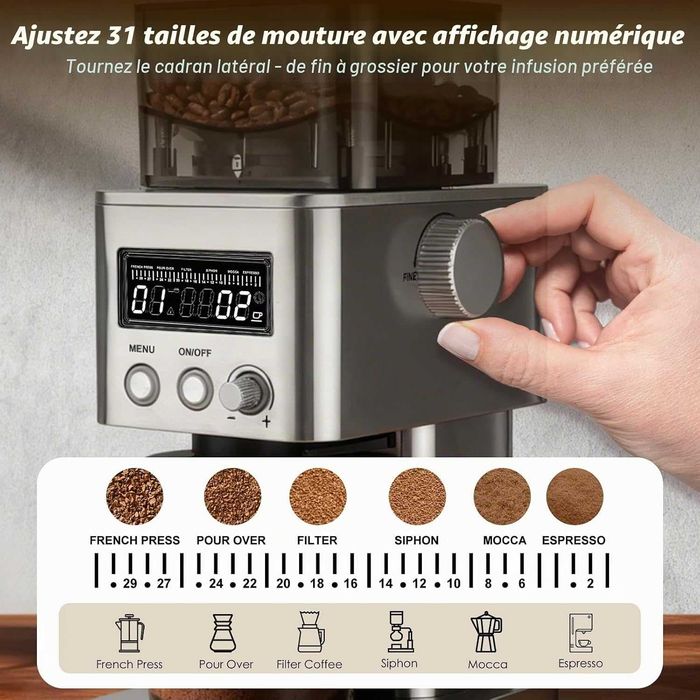 Râșniță de cafea electrică Homtone, râșniță de cafea din oțel inoxidabil cu afișaj LCD