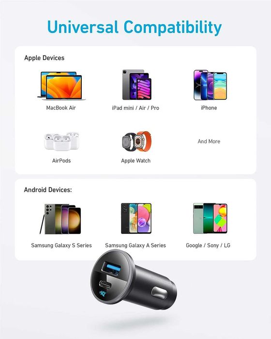 Anker 323 USB-C зарядно за кола, 2 порта, 52.5W, PowerIQ3.0-безплатна доставка