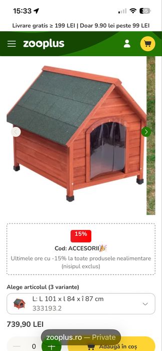 Cusca lemn caine talie mare cu acoperis de sindrila bituminoasa