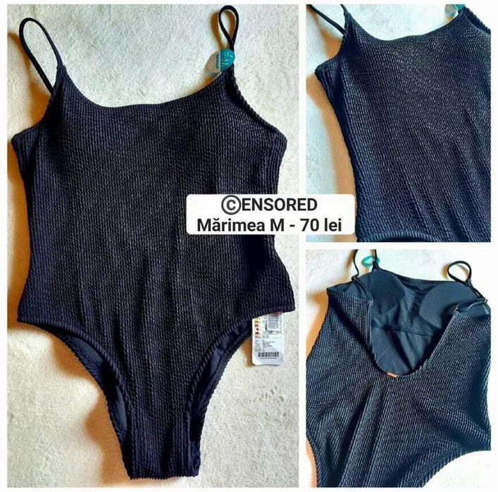 Costum de baie întreg - CENSORED  - negru, elastic, cu bretele subțiri