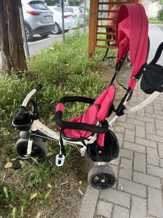 Tricicletă roz mâner de împingere, gentuță și coș