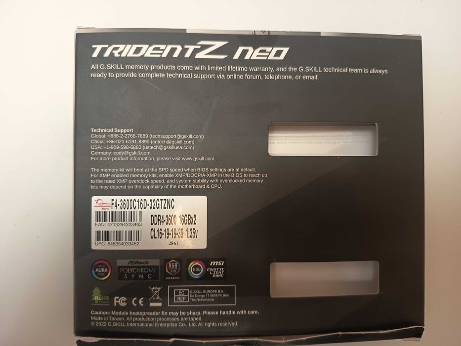 32GB (2x16GB) DDR4 G.Skill RAM Trident Z Neo RGB 3600 Mhz CL-16