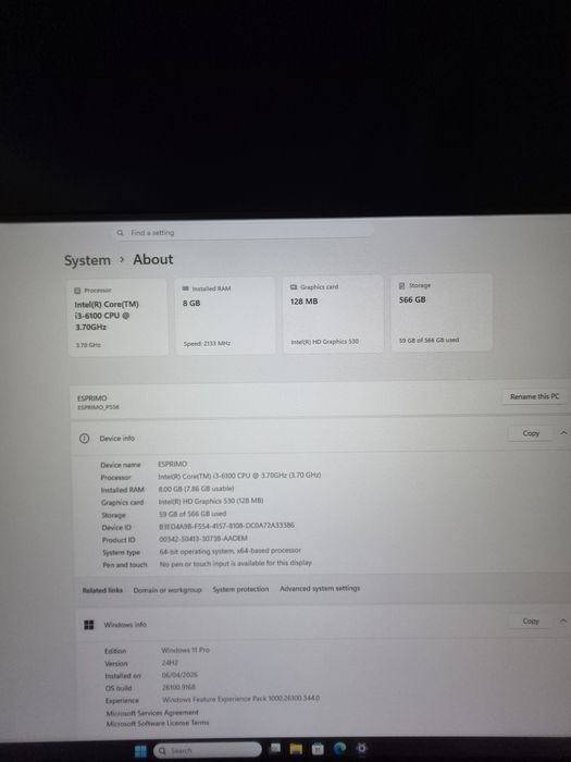 PC Desktop i3-6100 + 8GB RAM + SSD 600GB