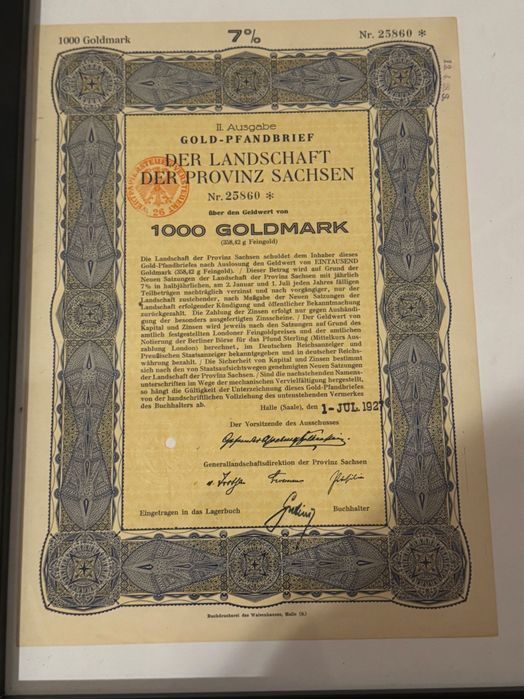 Obligațiune istorică aur Germania 1927-1000 Goldmark