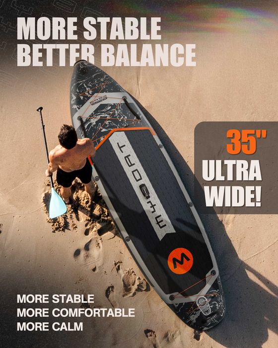 Нов, висок клас, широк 350 СМ надуваем падъл борд all-round SUP MYBOAT MY03 (Bass Hunter Grey STD) в сиво-черен с оранжев акцент дизайн.