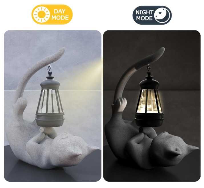 Декоративна статуя Котка със соларно фенерче, градинска фигурка