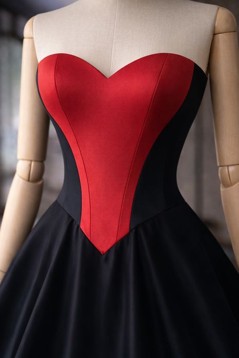 Дълга бална рокля с корсет и връзки в черно и червено Официална