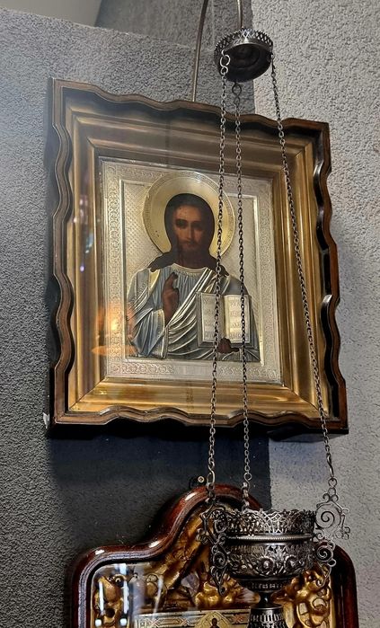 Icoană argint aurit rusească cu candela de argint