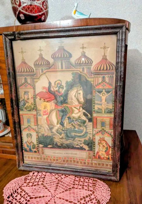 Tablou vechi/ Icoana „Cina cea de Taină”  ramă sculptată  86 cm x 46