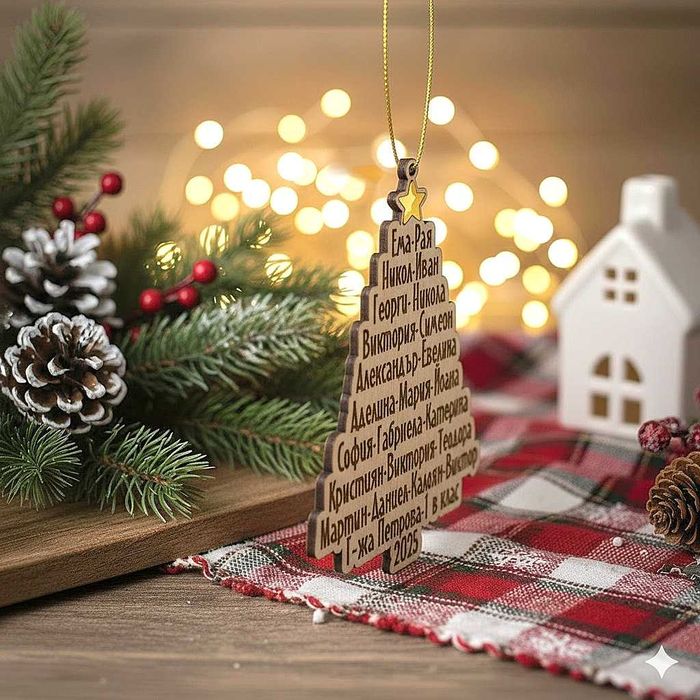 Персонализирана дървена коледна висулка с имена за клас/група