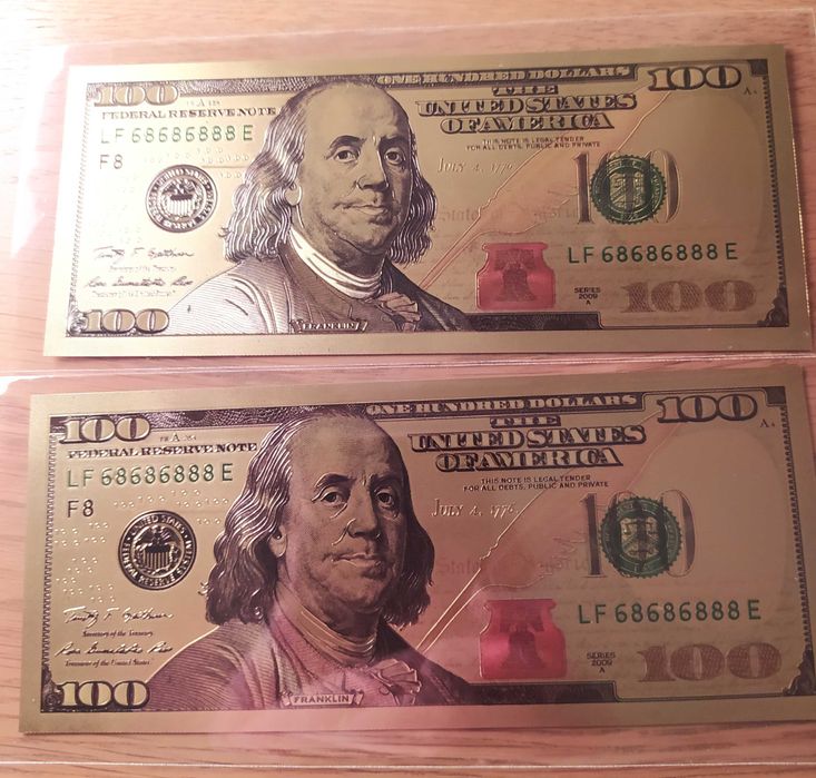 Лот от 5 бр. 100 долара-позлатени,сувенирни,пластични,релефни банкноти