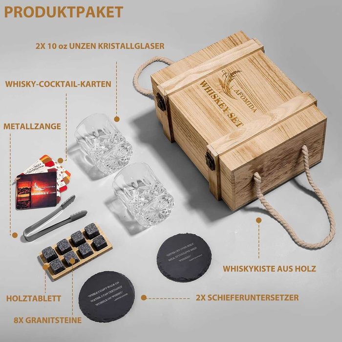 Голям Луксозен подаръчен комплект за мъж чаши за уиски в дървена кутия