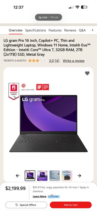 LG Notebook Gram Pro 16 inch - Ultra 7 - 32GB Ram - 2TB - Sigilat