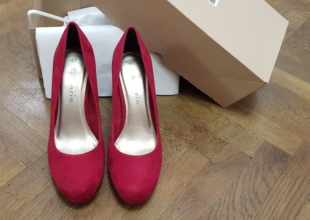 Pantofi platforma, piele naturala intoarsa, rosii, 40