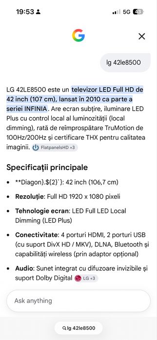Televizor LG 42LE8500 defect