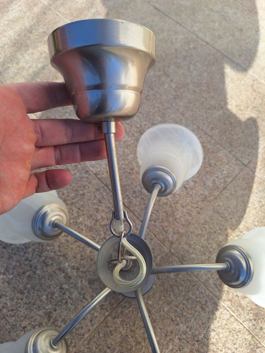 Полилей, 5 разклонения, цвят пепел, бял стъклен абажур