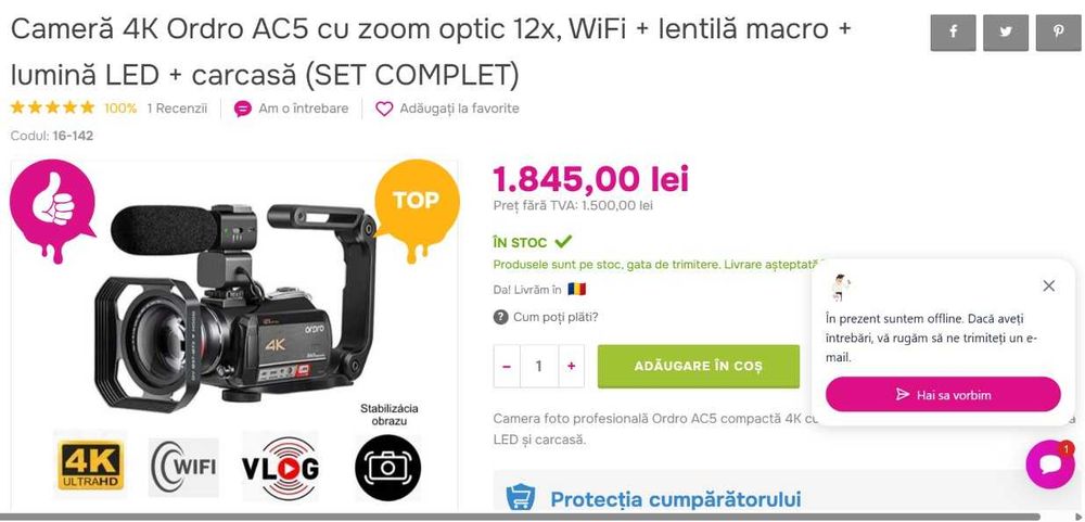Cameră 4K Ordro AC5 cu zoom optic 12x, WiFi + lentilă macro