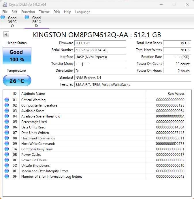 SSD M.2 80mm NVME KINGSTON OM8PGP4512Q-AA 512GB PCI 4.0 - testat, perfect functional - health (sanatate) 100% - perioada de utilizare 2 ore