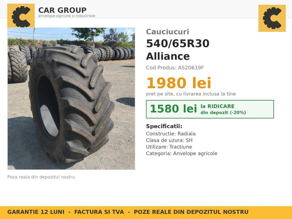 Cauciucuri 540/65R30 Alliance Anvelope Tractor Spate SH REDUS Garantie