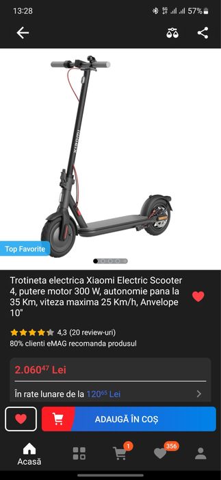 Trotineta electrica Xiaomi Electric Scooter 4, putere motor 300 W, autonomie pana la 35 Km, viteza maxima 25 Km/h, Anvelope 10"