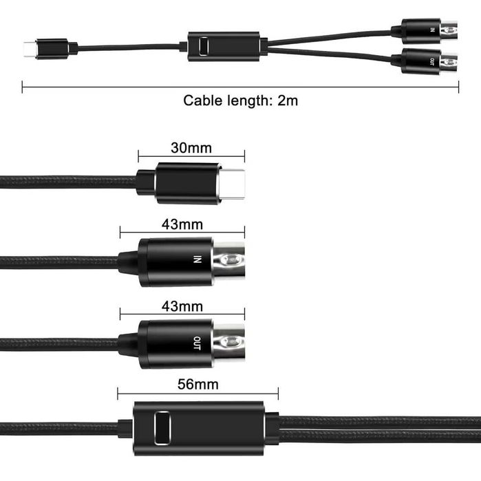 Adaptator Cablu MIDI la USB C Tip-C de 2M - Convertor MIDI de 5 pini la Tip-C