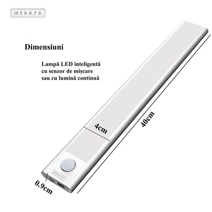 Nou, lampa led cu sensor de miscare, 3 tipuri lumina, acumulator, 40cm