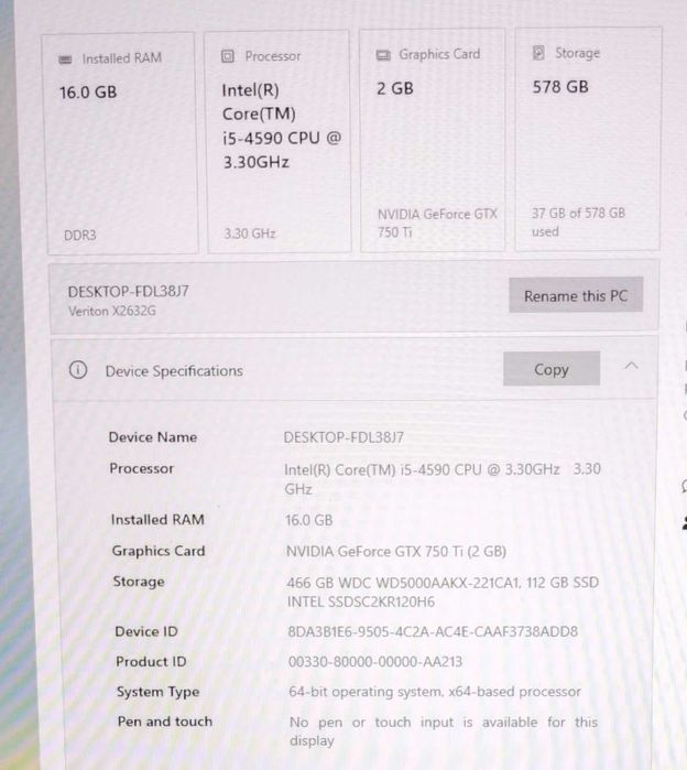 PC Gaming, i5-4590, 16GB RAM, SSD 120GB+HDD, Nvidia GTX 750 Ti, Win11