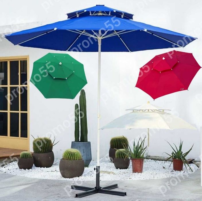 Голям чадър 220см. с двоен покрив за стабилност при вятър, 4 цвята