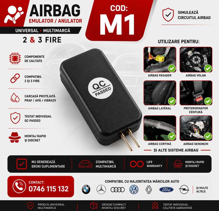 Modul Airbag Universal–Anulator Eroare Airbag–Plasă Scaun–Pretensionator–Airbag Volan–Airbag Lateral–Pentru Sisteme cu 2 sau 3 Fire–M1