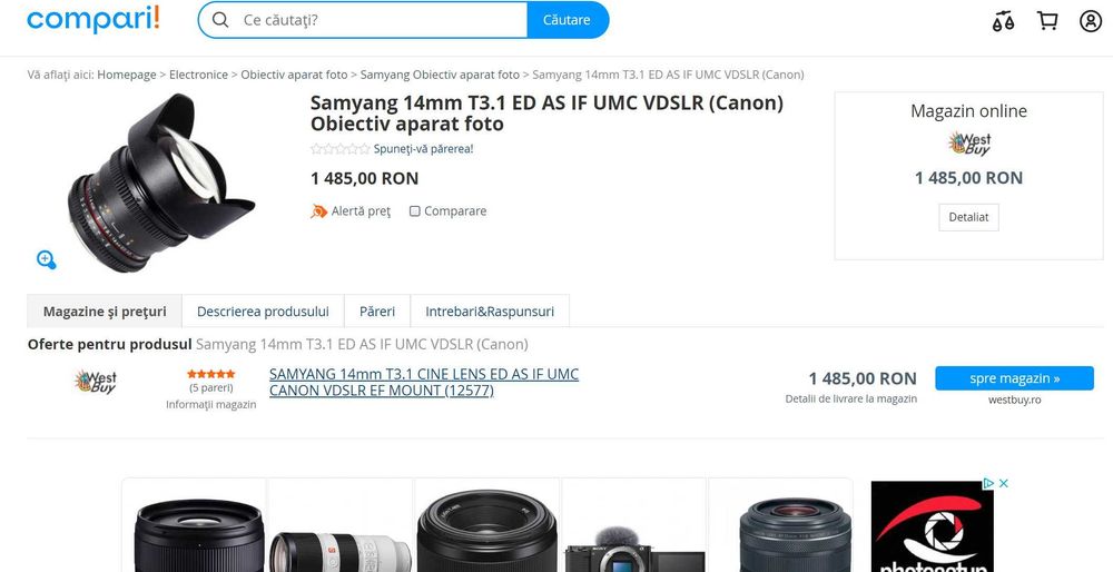 Obiectiv UltraWide SAMYANG 14 mm t 3.1 IF ED UMC II ASPHERICAL - CANON
