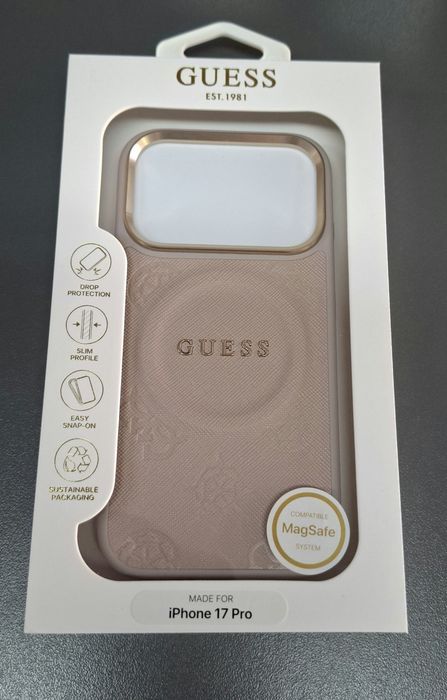 Твърд кейс лого  Guess за iPhone 18 Pro 17 Pro гръб с кожен розов дизайн
