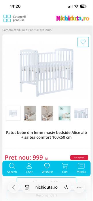 Patut bebe din lemn masiv bedside Alice alb + saltea comfort 100x50 cm