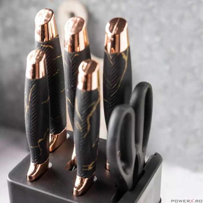 Cutite de bucatarie cu suport, set de 7 piese, model negru, Klausberg