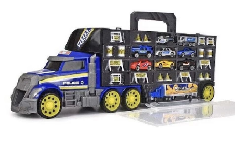 София/Пловдив/Плевен Камион пожарникарски или полицейски Dickie Toys, Включва 9 коли и 18 аксесоара, Червен или син