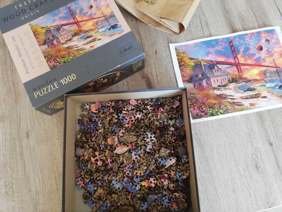 Дървен пъзел Trefl - Wood Craft, Залез над Golden Gate, 1000 части