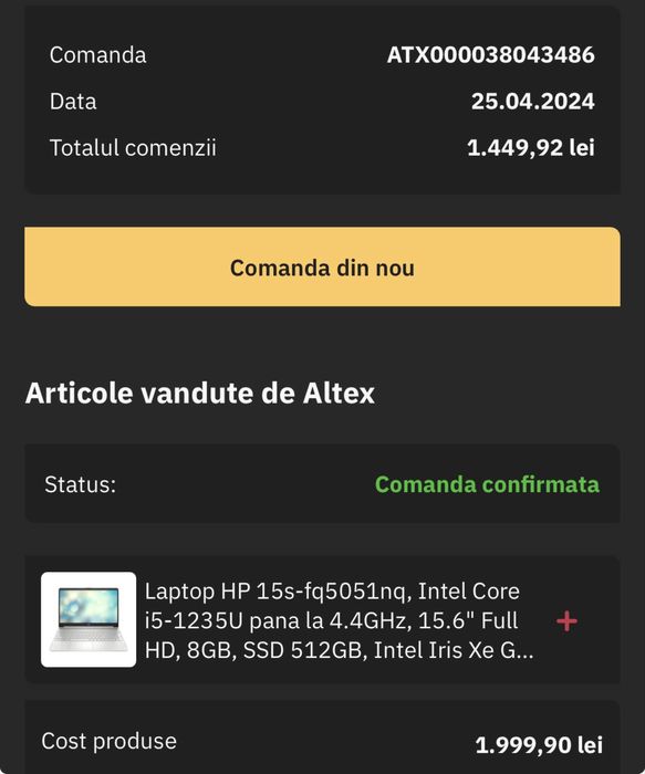 Laptop HP factură altex